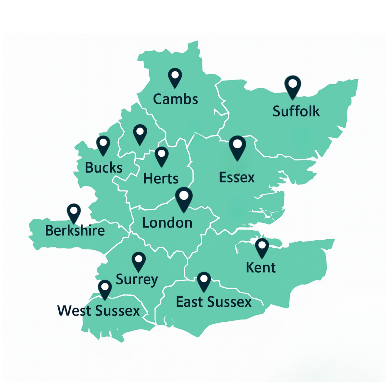 Map of South East England showing Evergreen Air Conditioning coverage across London, Essex, Hertfordshire, Cambridgeshire, Kent, Suffolk, Surrey, Sussex, Berkshire and Buckinghamshire with location pins